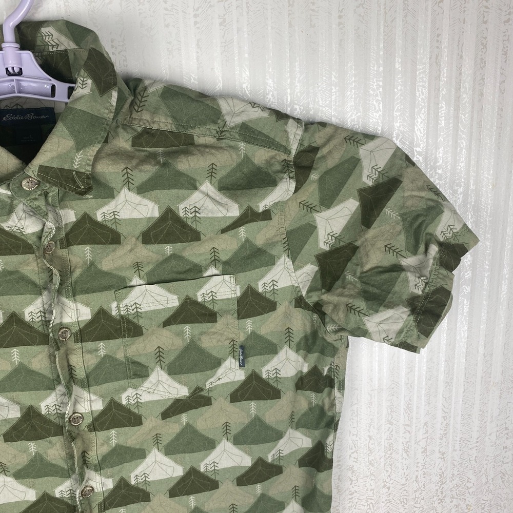 Eddie Bauer Mens Green Short Sleeve Baja Tent Print Button Down Shirt Size L - Picture 6 of 16